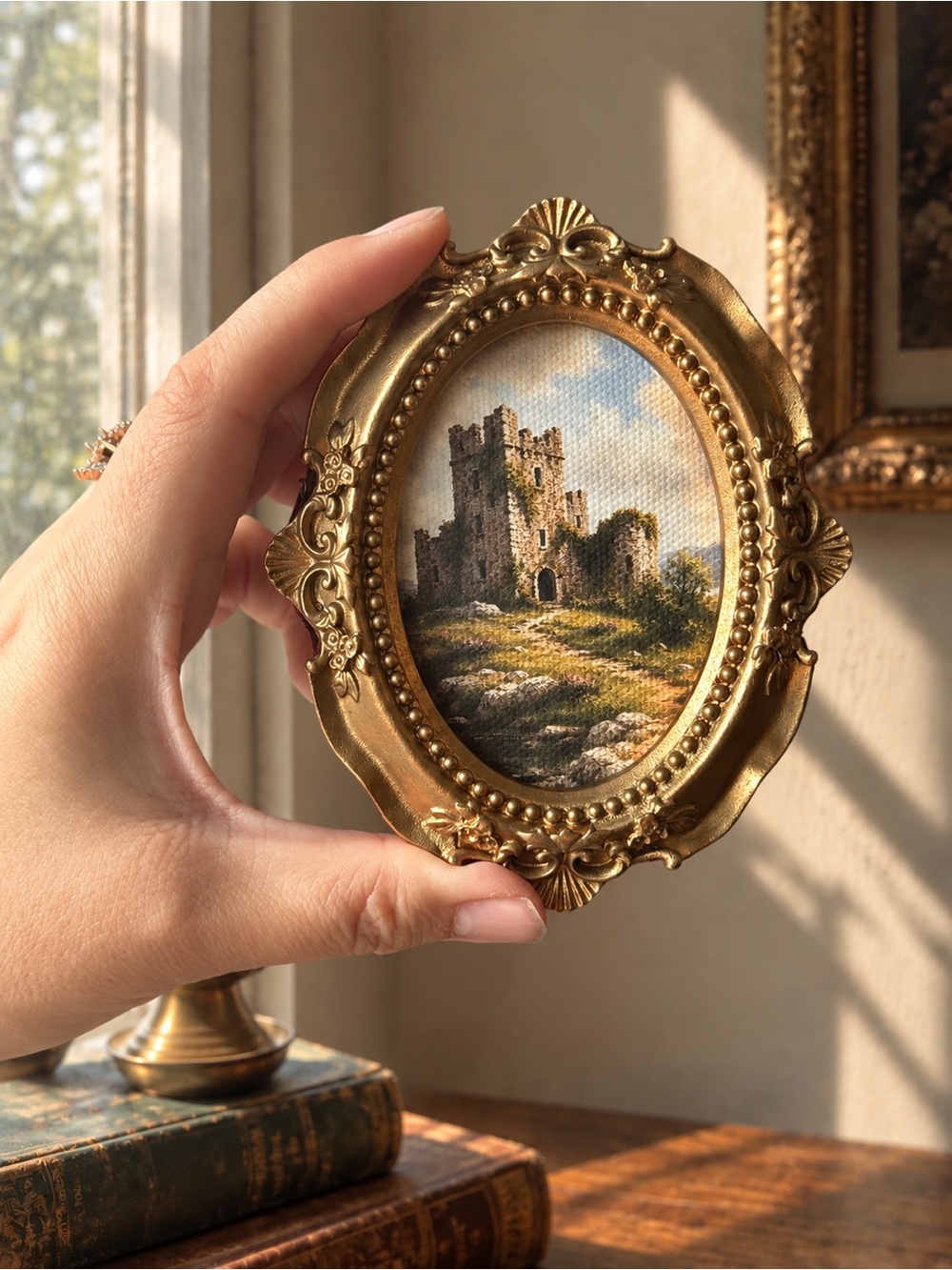 Mini Castle Ruins Framed Canvas Print in Ornate Gold Frame